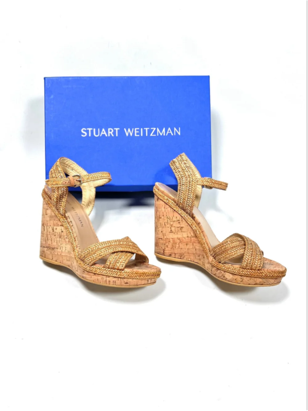 Stuart Weitzman Womans Wedge Cork Sandals Size 8.5 Beige Tan